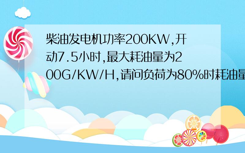 柴油发电机功率200KW,开动7.5小时,最大耗油量为200G/KW/H,请问负荷为80%时耗油量是多少?