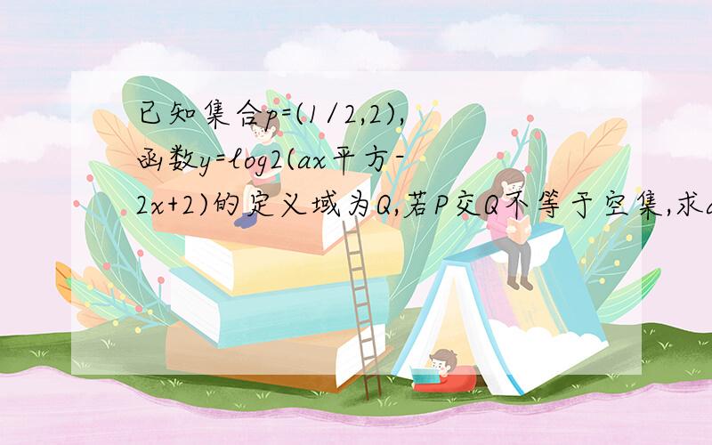 已知集合p=(1/2,2),函数y=log2(ax平方-2x+2)的定义域为Q,若P交Q不等于空集,求a的取值范围