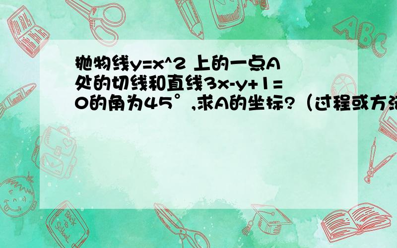 抛物线y=x^2 上的一点A处的切线和直线3x-y+1=0的角为45°,求A的坐标?（过程或方法）