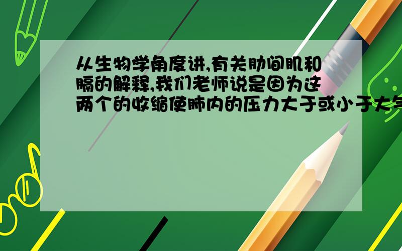 从生物学角度讲,有关肋间肌和膈的解释,我们老师说是因为这两个的收缩使肺内的压力大于或小于大气压,导致气体进入.请问合适吗