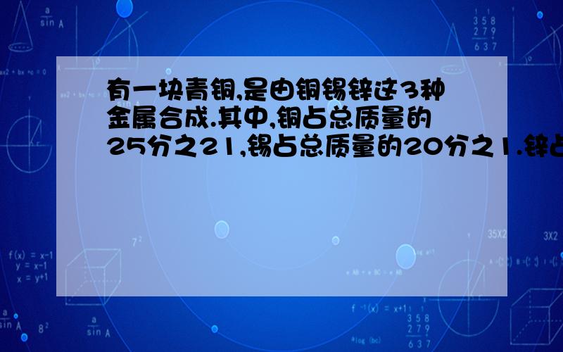 有一块青铜,是由铜锡锌这3种金属合成.其中,铜占总质量的25分之21,锡占总质量的20分之1.锌占总质量的几