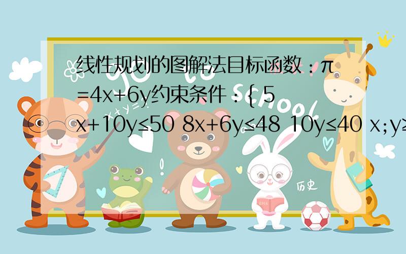 线性规划的图解法目标函数：π=4x+6y约束条件：{ 5x+10y≤50 8x+6y≤48 10y≤40 x;y≥0求作