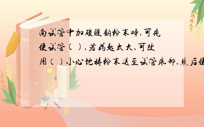 向试管中加碳酸钠粉末时,可先使试管(),若药匙太大,可改用（）小心地将粉末送至试管底部,然后使试管直立.