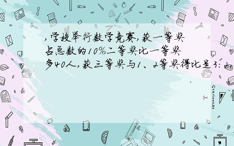 ,学校举行数学竞赛,获一等奖占总数的10%二等奖比一等奖多40人,获三等奖与1、2等奖得比是3：2,求获奖人数