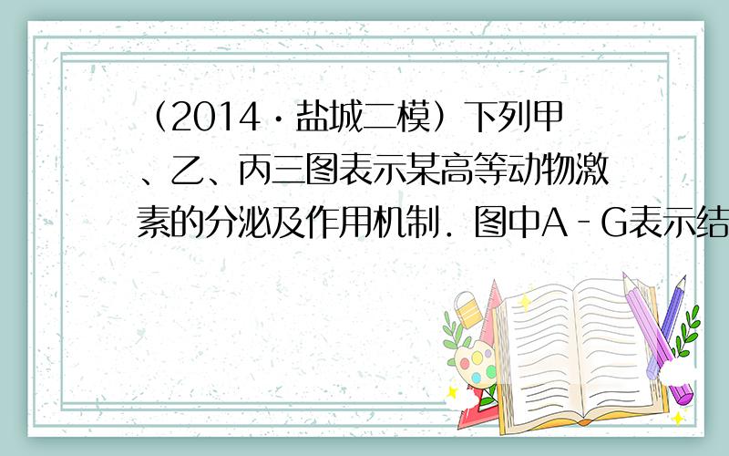 （2014•盐城二模）下列甲、乙、丙三图表示某高等动物激素的分泌及作用机制．图中A‐G表示结构或细胞，a‐e表示物质．请