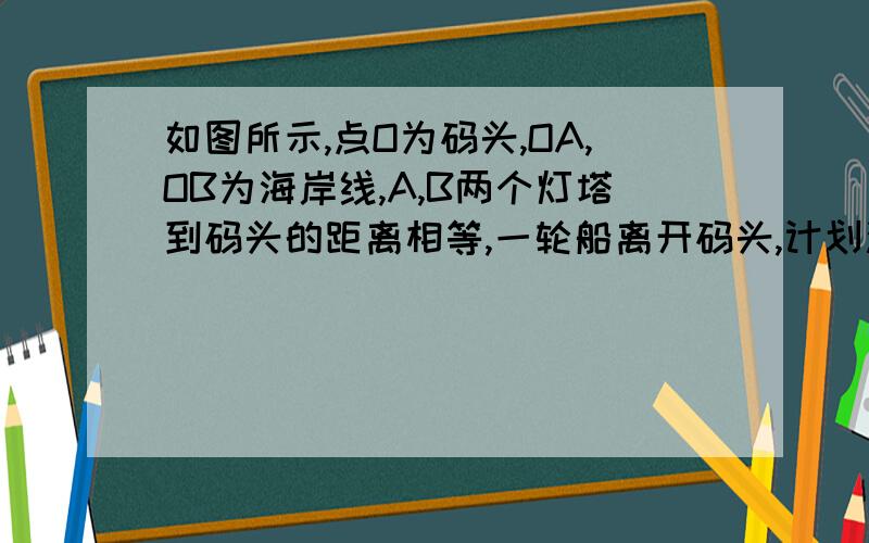 如图所示,点O为码头,OA,OB为海岸线,A,B两个灯塔到码头的距离相等,一轮船离开码头,计划沿角AOB的平分线航行.在