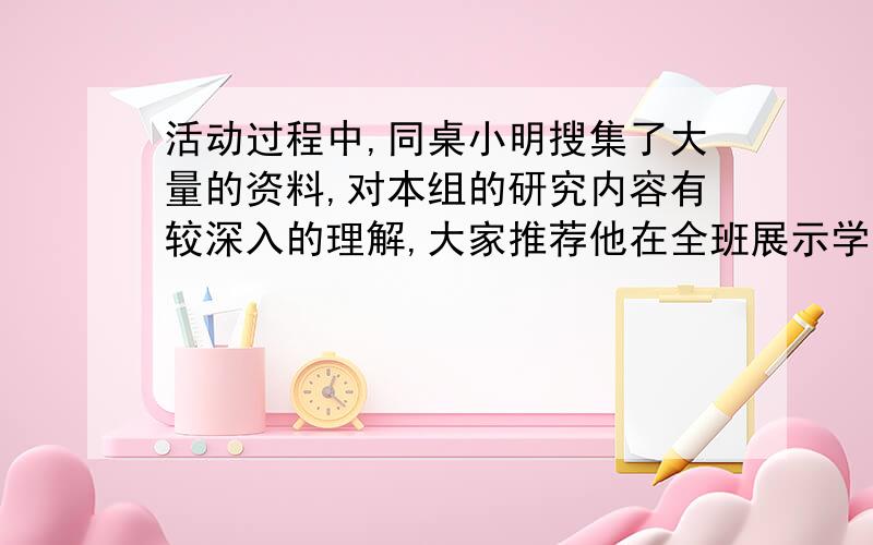 活动过程中,同桌小明搜集了大量的资料,对本组的研究内容有较深入的理解,大家推荐他在全班展示学习成果,胆小的他却反复推辞.