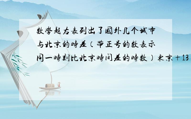 数学题右表列出了国外几个城市与北京的时差（带正号的数表示同一时刻比北京时间差的时数）东京+13