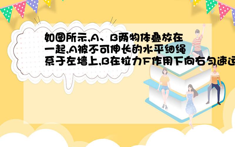 如图所示,A、B两物体叠放在一起,A被不可伸长的水平细绳系于左墙上,B在拉力F作用下向右匀速运动,在此过