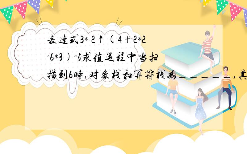 表达式3* 2↑(4+2*2-6*3)-5求值过程中当扫描到6时,对象栈和算符栈为_____,其中↑