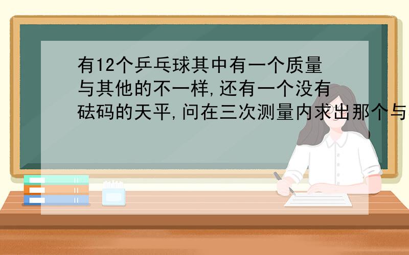 有12个乒乓球其中有一个质量与其他的不一样,还有一个没有砝码的天平,问在三次测量内求出那个与其他不同的球.