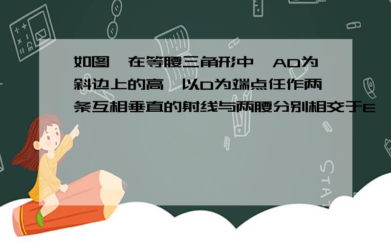 如图,在等腰三角形中,AD为斜边上的高,以D为端点任作两条互相垂直的射线与两腰分别相交于E、F两点,连接E、F与AD相交