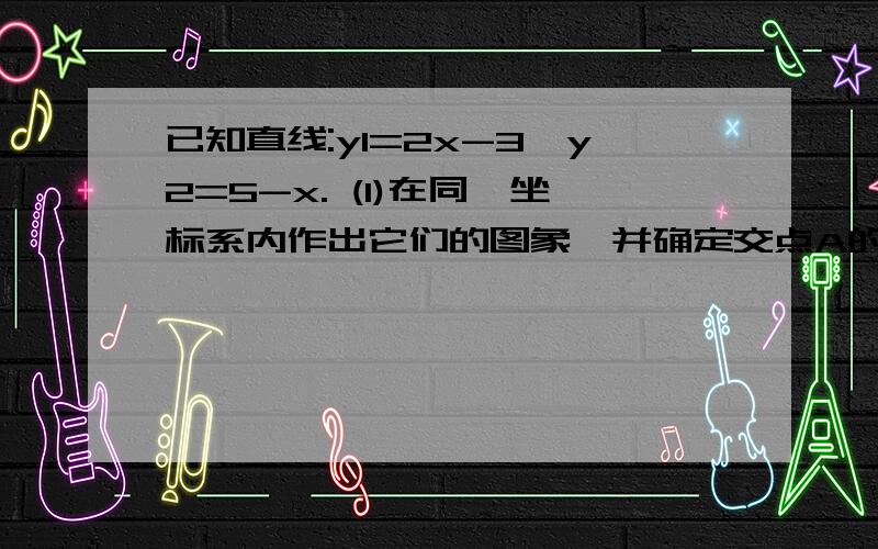 已知直线:y1=2x-3,y2=5-x. (1)在同一坐标系内作出它们的图象,并确定交点A的坐标; (2)x为何值时,y