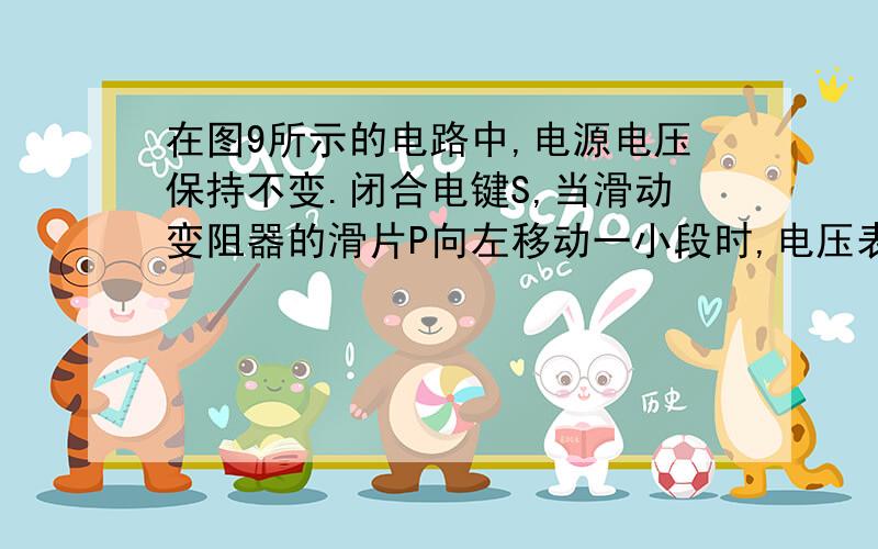 在图9所示的电路中,电源电压保持不变.闭合电键S,当滑动变阻器的滑片P向左移动一小段时,电压表V1示数与