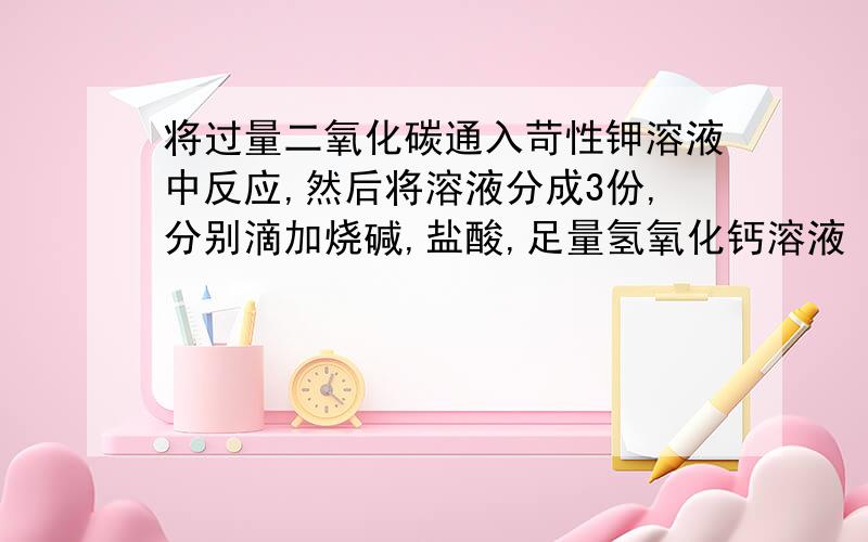 将过量二氧化碳通入苛性钾溶液中反应,然后将溶液分成3份,分别滴加烧碱,盐酸,足量氢氧化钙溶液