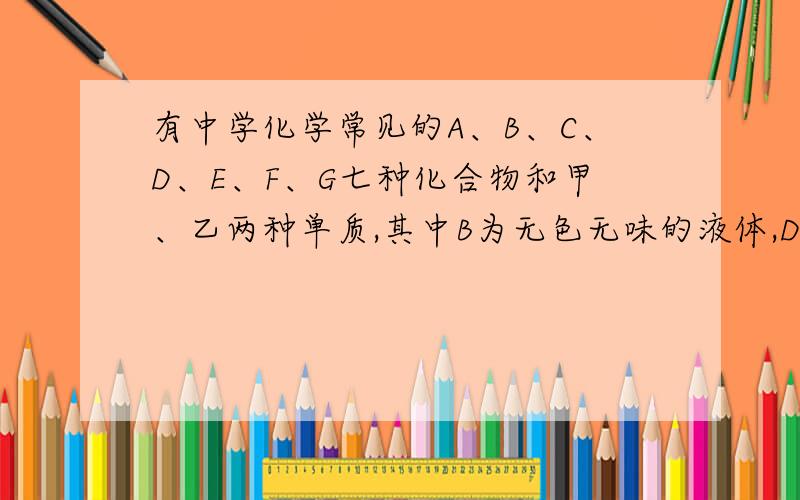 有中学化学常见的A、B、C、D、E、F、G七种化合物和甲、乙两种单质,其中B为无色无味的液体,D能使石蕊试液显红色,F为