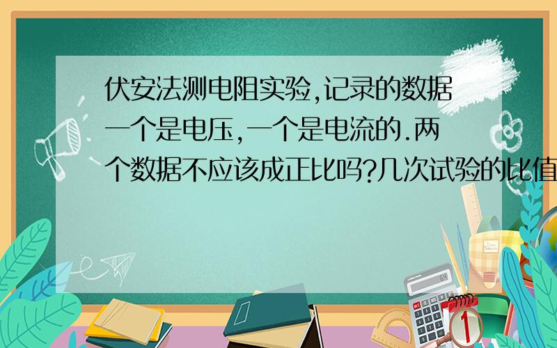 伏安法测电阻实验,记录的数据一个是电压,一个是电流的.两个数据不应该成正比吗?几次试验的比值应该是相同的吧?