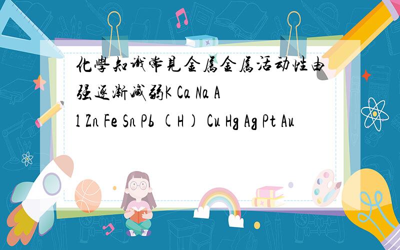 化学知识常见金属金属活动性由强逐渐减弱K Ca Na Al Zn Fe Sn Pb (H) Cu Hg Ag Pt Au