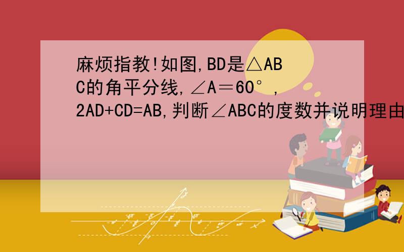 麻烦指教!如图,BD是△ABC的角平分线,∠A＝60°,2AD+CD=AB,判断∠ABC的度数并说明理由．