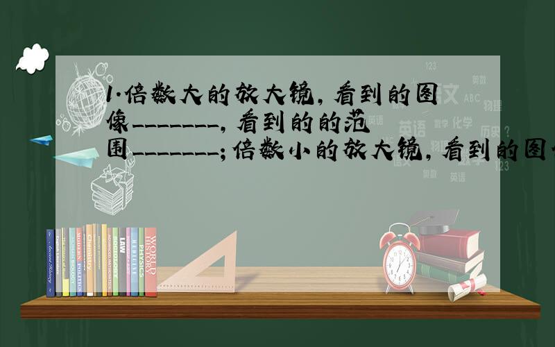 1.倍数大的放大镜,看到的图像_______,看到的的范围_______；倍数小的放大镜,看到的图像_______,看到