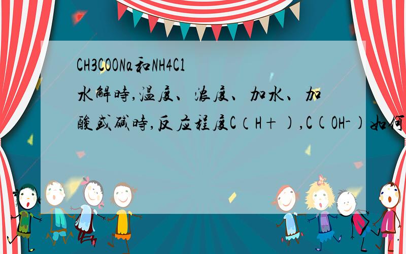 CH3COONa和NH4Cl水解时,温度、浓度、加水、加酸或碱时,反应程度C（H+),C(OH-)如何变化