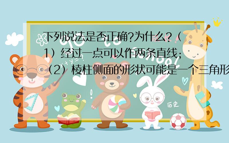 下列说法是否正确?为什么?（1）经过一点可以作两条直线；（2）棱柱侧面的形状可能是一个三角形