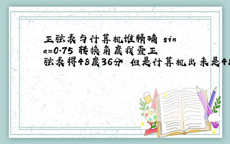 正弦表与计算机谁精确 sina=0.75 转换角度我查正弦表得48度36分 但是计算机出来是48度39分.为什么 急~