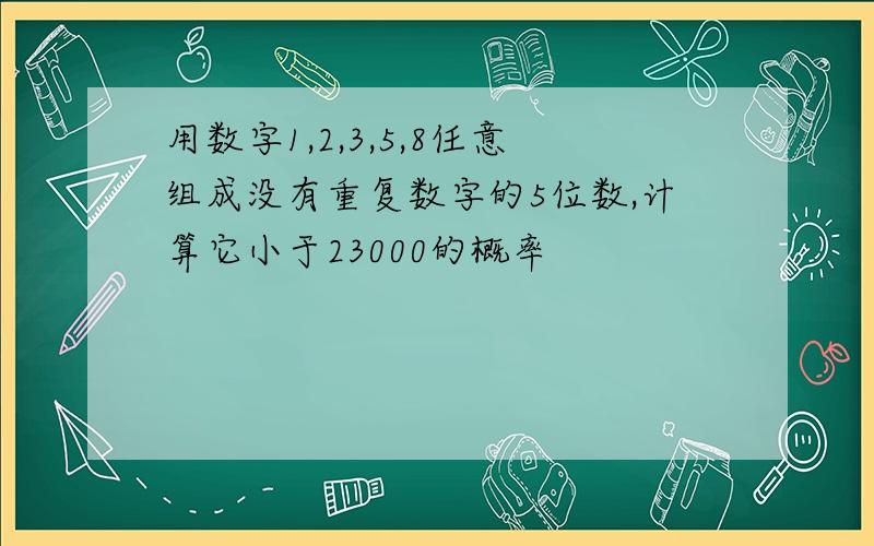 用数字1,2,3,5,8任意组成没有重复数字的5位数,计算它小于23000的概率