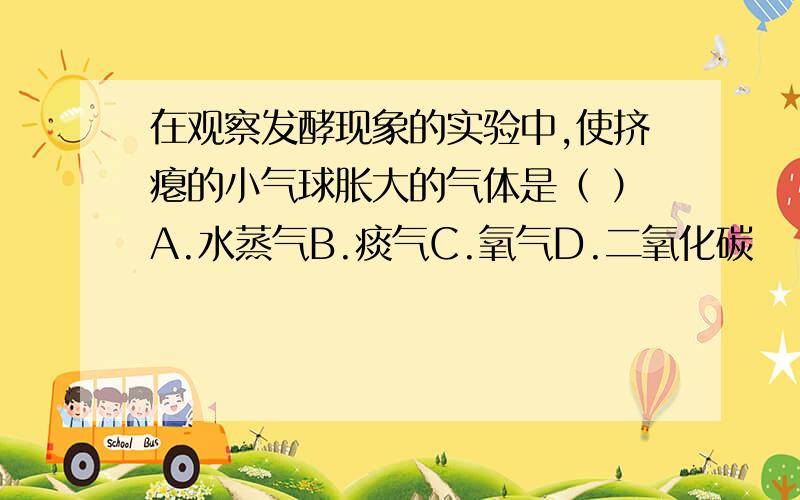 在观察发酵现象的实验中,使挤瘪的小气球胀大的气体是（ ）A.水蒸气B.痰气C.氧气D.二氧化碳