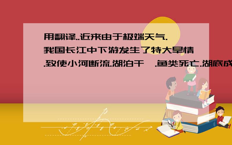 用翻译..近来由于极端天气.我国长江中下游发生了特大旱情.致使小河断流.湖泊干涸.鱼类死亡.湖底成了牧场