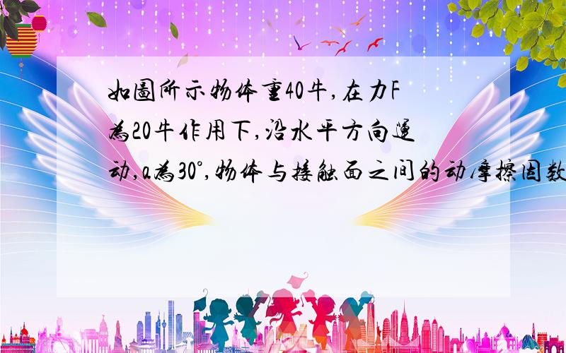 如图所示物体重40牛,在力F为20牛作用下,沿水平方向运动,a为30°,物体与接触面之间的动摩擦因数为u0.2,当物体运