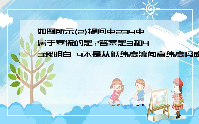 如图所示(2)提问中234中属于寒流的是?答案是3和4 3我明白 4不是从低纬度流向高纬度吗应该是暖流啊