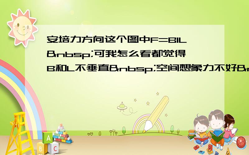 安培力方向这个图中F=BIL 可我怎么看都觉得B和L不垂直 空间想象力不好 求高手指教