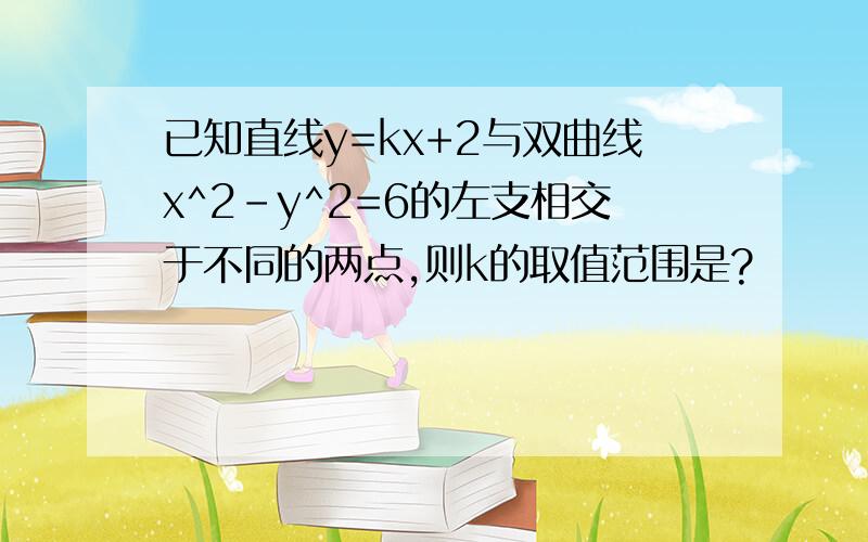 已知直线y=kx+2与双曲线x^2-y^2=6的左支相交于不同的两点,则k的取值范围是?