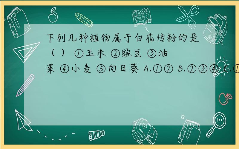 下列几种植物属于白花传粉的是（ ） ①玉米 ②豌豆 ③油菜 ④小麦 ⑤向日葵 A.①② B.②③④ C.①⑤ D.②
