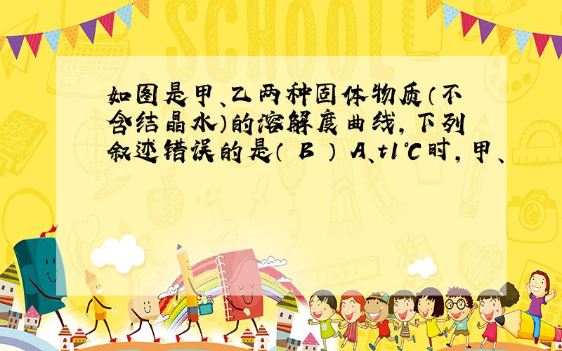 如图是甲、乙两种固体物质（不含结晶水）的溶解度曲线,下列叙述错误的是（　B　） A、t1℃时,甲、