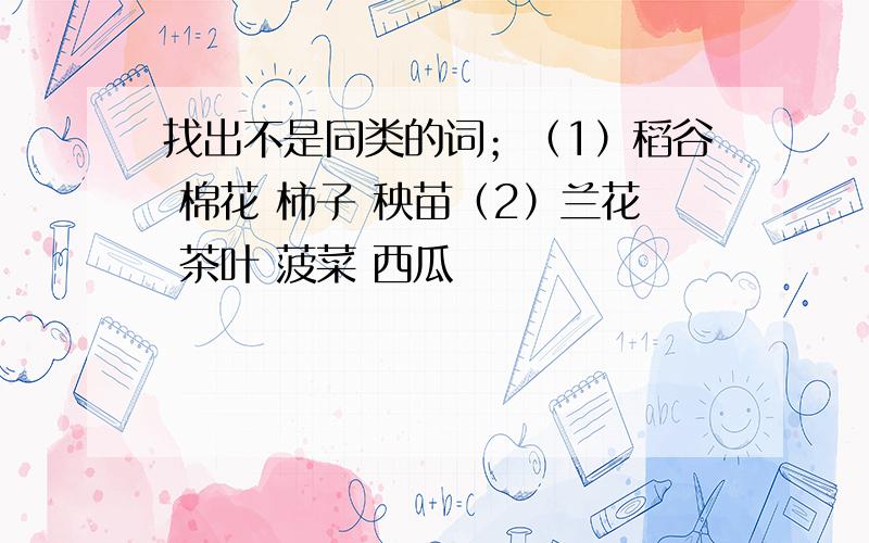 找出不是同类的词；（1）稻谷 棉花 柿子 秧苗（2）兰花 茶叶 菠菜 西瓜