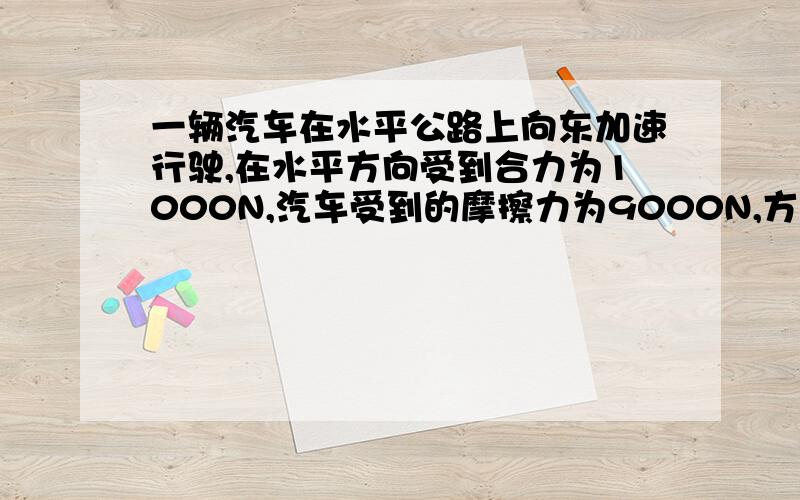 一辆汽车在水平公路上向东加速行驶,在水平方向受到合力为1000N,汽车受到的摩擦力为9000N,方向为 ________