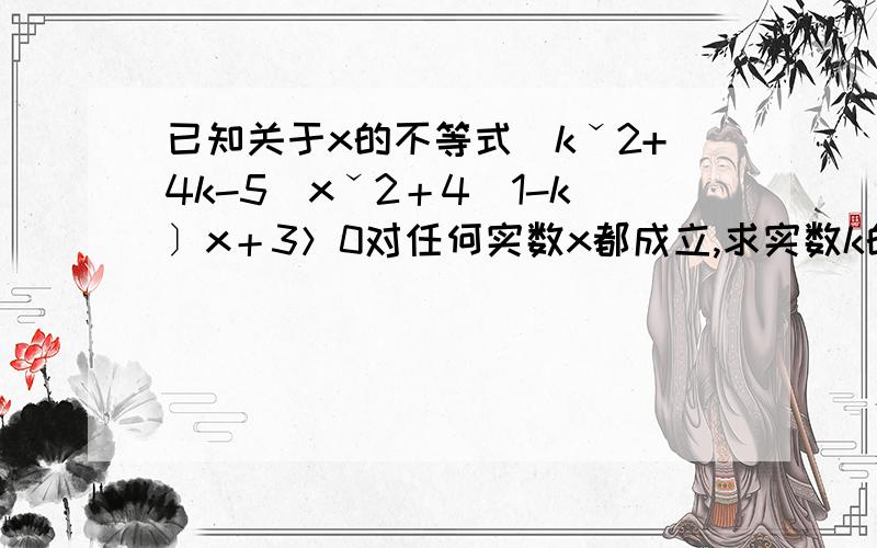 已知关于x的不等式（kˇ2+4k-5）xˇ2＋4［1-k〕x＋3＞0对任何实数x都成立,求实数k的取值范围