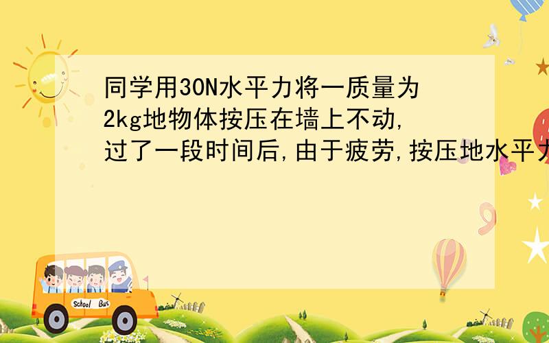 同学用30N水平力将一质量为2kg地物体按压在墙上不动,过了一段时间后,由于疲劳,按压地水平力减弱为15N,物体顺着墙滑