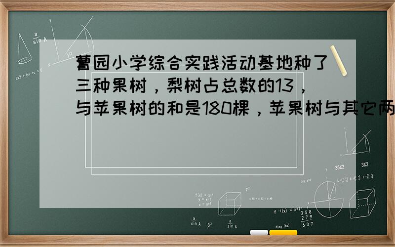 曹园小学综合实践活动基地种了三种果树，梨树占总数的13，与苹果树的和是180棵，苹果树与其它两种树的比是1：5，三种果树