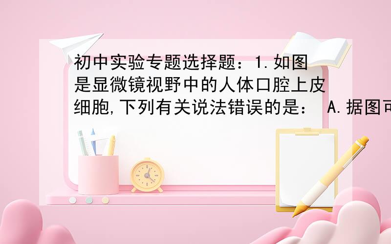 初中实验专题选择题：1.如图是显微镜视野中的人体口腔上皮细胞,下列有关说法错误的是： A.据图可知,刮取的口腔上皮细胞在