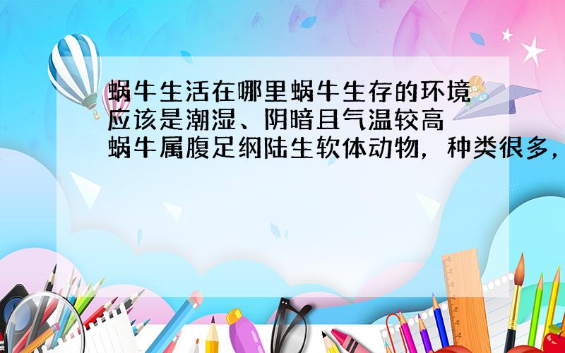 蜗牛生活在哪里蜗牛生存的环境应该是潮湿、阴暗且气温较高 蜗牛属腹足纲陆生软体动物，种类很多，遍布全球。据有关资料记载，世