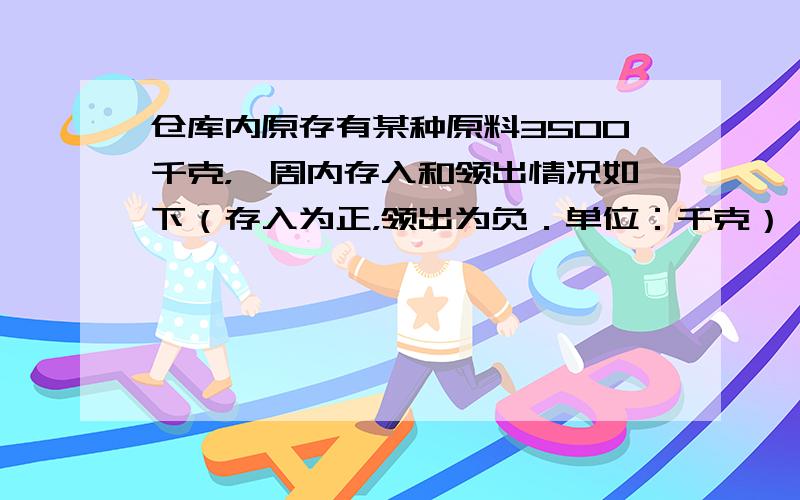 仓库内原存有某种原料3500千克，一周内存入和领出情况如下（存入为正，领出为负．单位：千克）：350，-300，-650