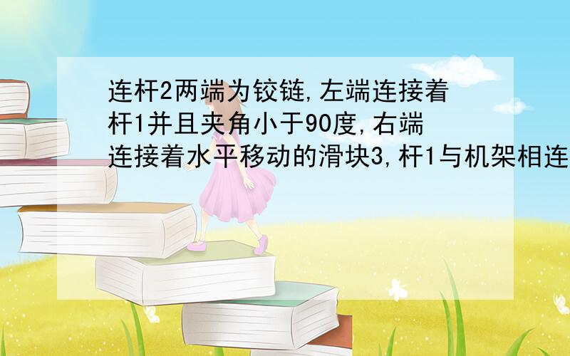 连杆2两端为铰链,左端连接着杆1并且夹角小于90度,右端连接着水平移动的滑块3,杆1与机架相连,驱动力F作用于滑块向左,