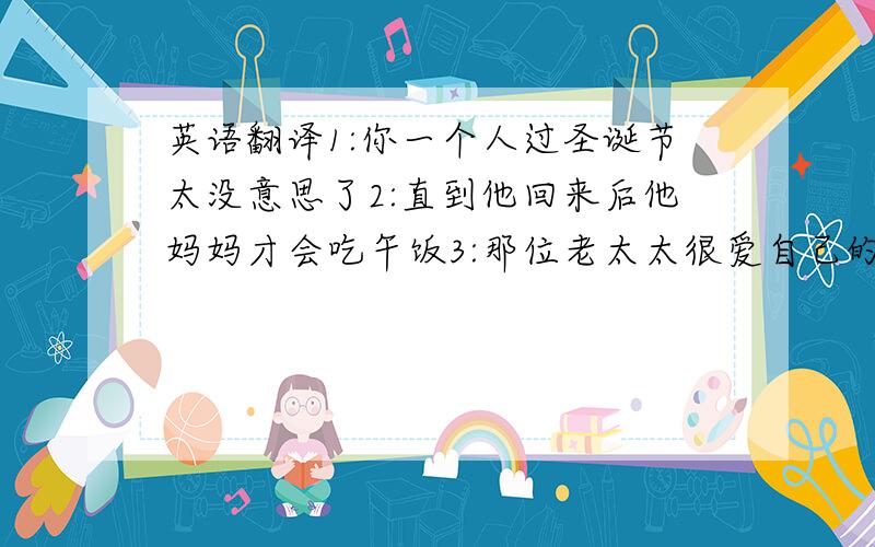 英语翻译1:你一个人过圣诞节太没意思了2:直到他回来后他妈妈才会吃午饭3:那位老太太很爱自己的花园,不让任何猫狗进入