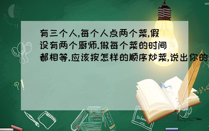 有三个人,每个人点两个菜,假设有两个厨师.做每个菜的时间都相等.应该按怎样的顺序炒菜,说出你的理由