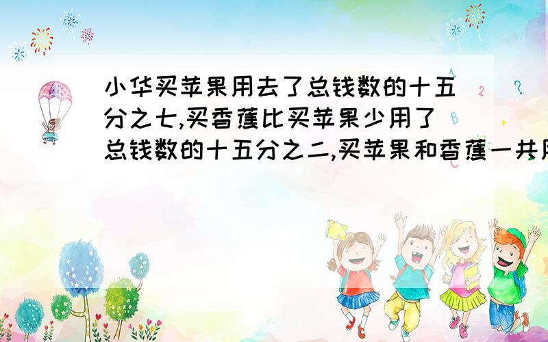 小华买苹果用去了总钱数的十五分之七,买香蕉比买苹果少用了总钱数的十五分之二,买苹果和香蕉一共用去了总钱数的几分之几.还剩