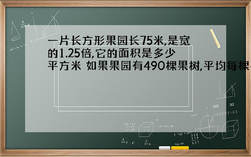 一片长方形果园长75米,是宽的1.25倍,它的面积是多少平方米 如果果园有490棵果树,平均每棵果树约占地多少平