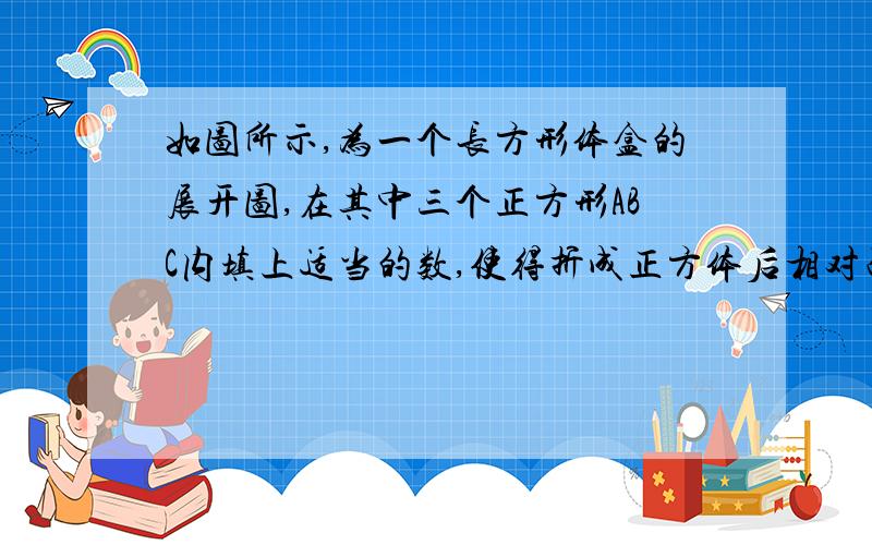 如图所示,为一个长方形体盒的展开图,在其中三个正方形ABC内填上适当的数,使得折成正方体后相对面上的2个数满足下列条件：